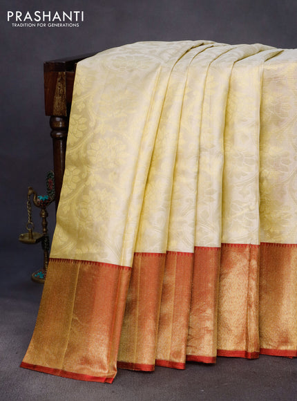 Pure kanchipuram tissue silk saree cream and red with allover zari woven brocade weaves and rich zari woven border