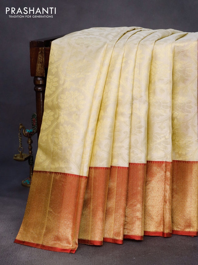 Pure kanchipuram tissue silk saree cream and red with allover zari woven brocade weaves and rich zari woven border