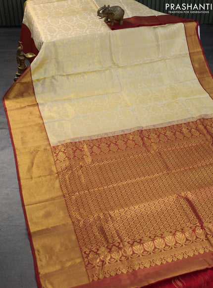 Pure kanchipuram tissue silk saree cream and red with allover zari woven brocade weaves and rich zari woven border