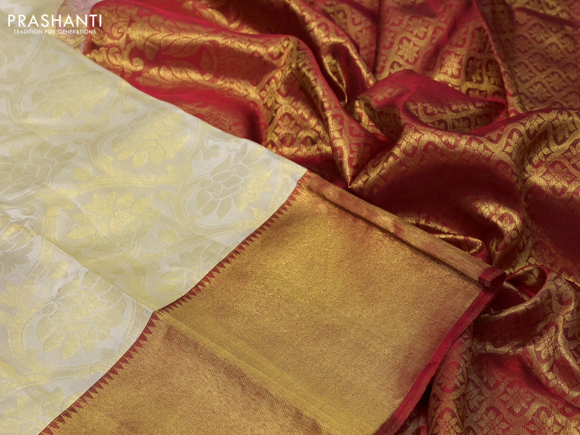 Pure kanchipuram tissue silk saree cream and red with allover zari woven brocade weaves and rich zari woven border