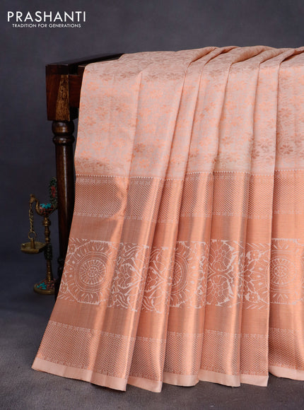 Pure kanchipuram silk saree beige with allover copper zari weaves and long copper zari woven border