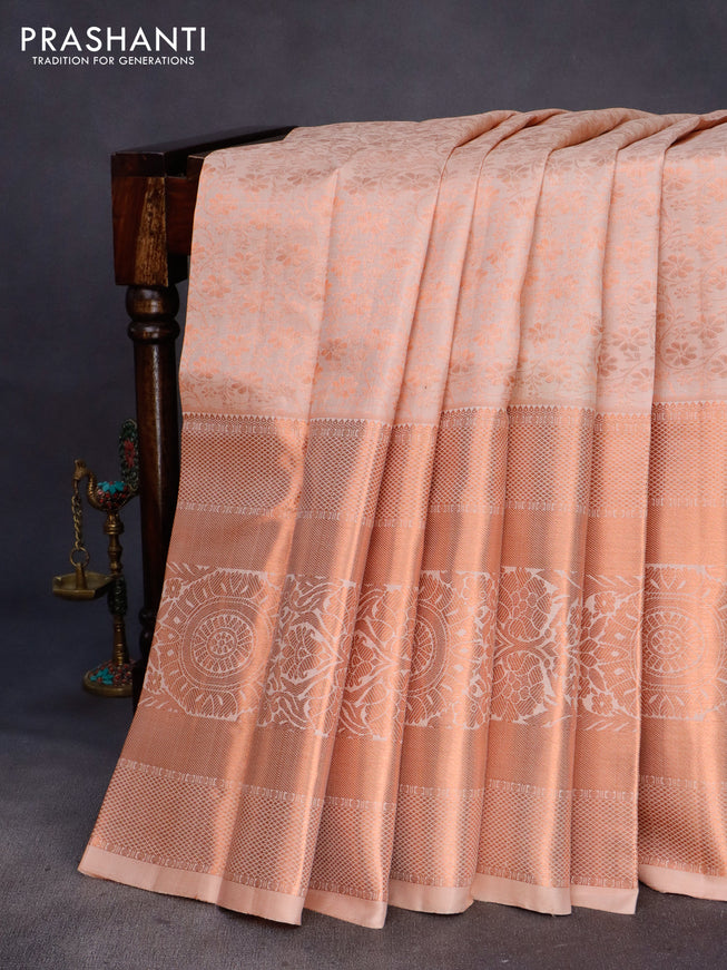 Pure kanchipuram silk saree beige with allover copper zari weaves and long copper zari woven border