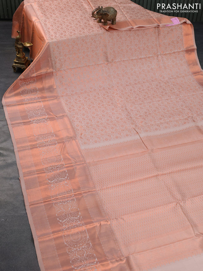 Pure kanchipuram silk saree beige with allover copper zari weaves and long copper zari woven border