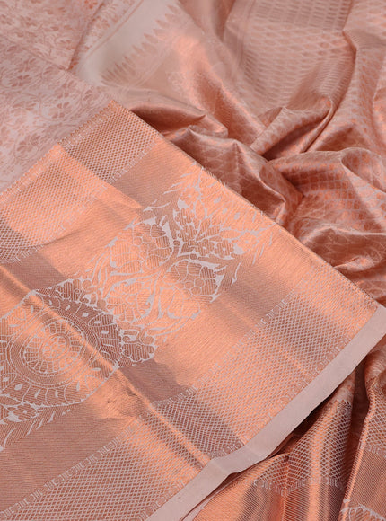 Pure kanchipuram silk saree beige with allover copper zari weaves and long copper zari woven border