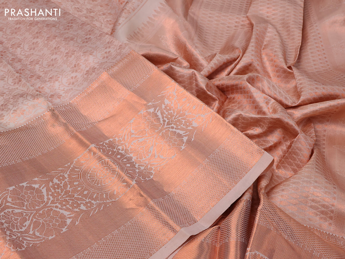 Pure kanchipuram silk saree beige with allover copper zari weaves and long copper zari woven border