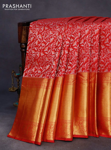 Pure kanchipuram silk saree maroon with allover silver & copper zari weaves and long zari woven border