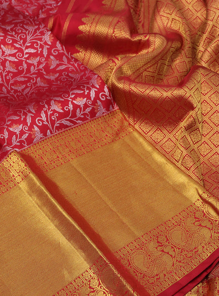 Pure kanchipuram silk saree maroon with allover silver & copper zari weaves and long zari woven border