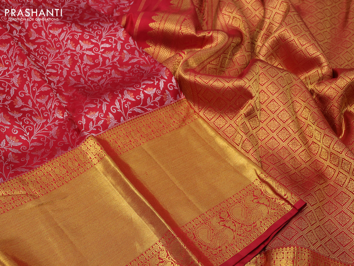 Pure kanchipuram silk saree maroon with allover silver & copper zari weaves and long zari woven border