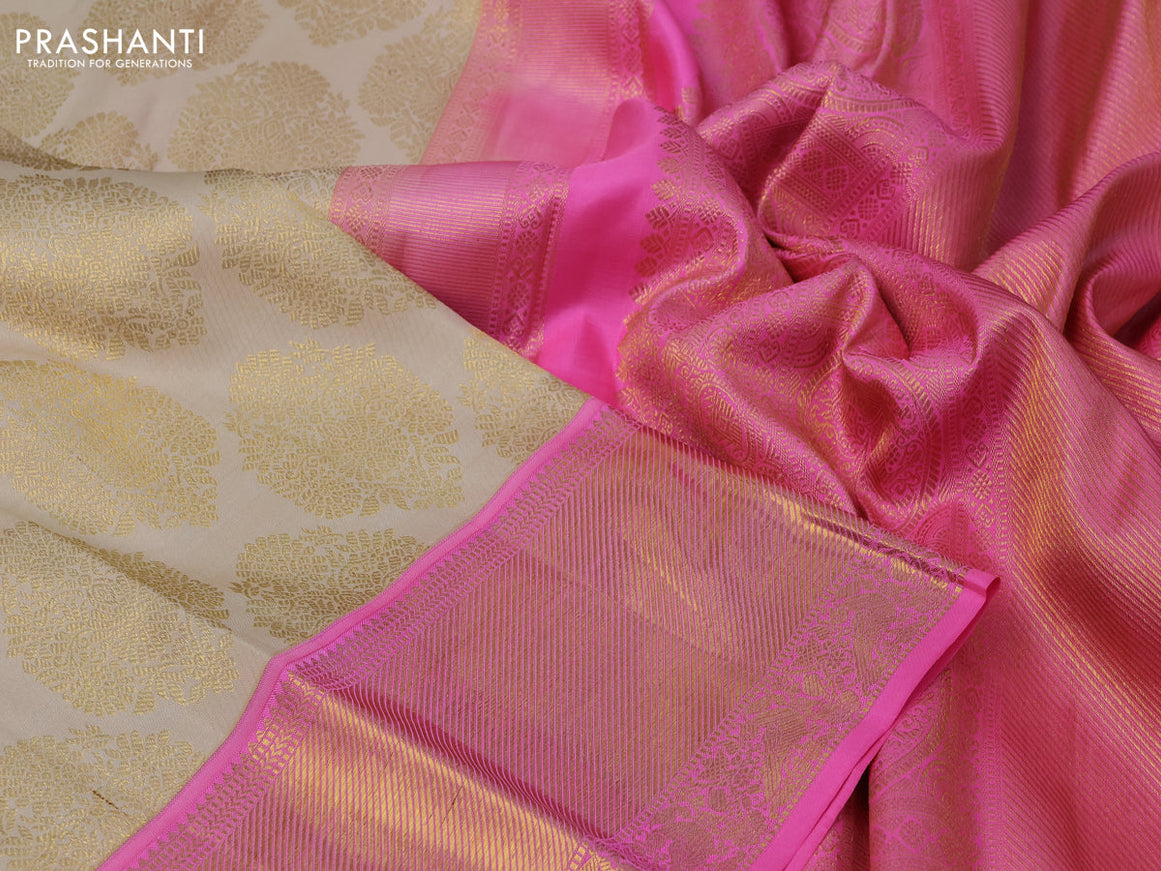 Pure kanchipuram silk saree cream and candy pink with allover zari woven brocade weaves and rich zari woven border