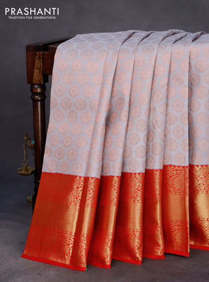 Pure kanchipuram silk saree grey and red with allover zari woven butta weaves and long zari woven korvai border