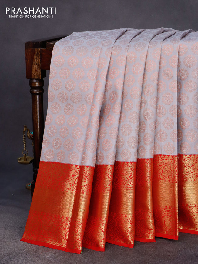 Pure kanchipuram silk saree grey and red with allover zari woven butta weaves and long zari woven korvai border