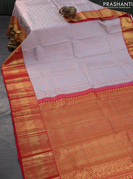 Pure kanchipuram silk saree grey and red with allover zari woven butta weaves and long zari woven korvai border