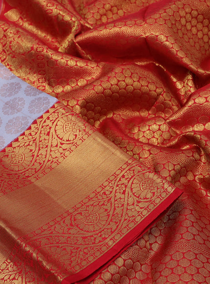 Pure kanchipuram silk saree grey and red with allover zari woven butta weaves and long zari woven korvai border