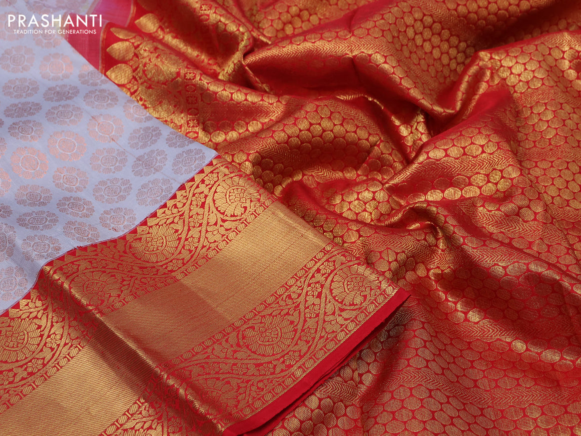 Pure kanchipuram silk saree grey and red with allover zari woven butta weaves and long zari woven korvai border