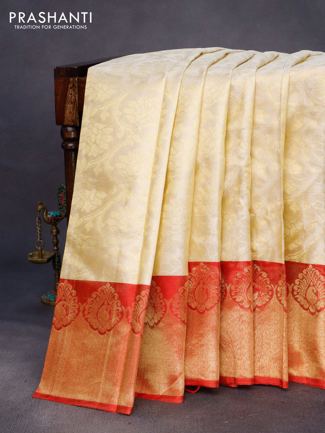 Pure kanchipuram silk saree cream and red with allover zari woven brocade weaves and long rich zari woven border