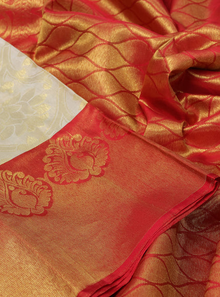 Pure kanchipuram silk saree cream and red with allover zari woven brocade weaves and long rich zari woven border