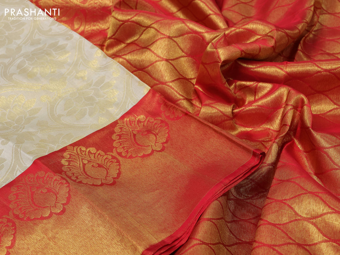 Pure kanchipuram silk saree cream and red with allover zari woven brocade weaves and long rich zari woven border