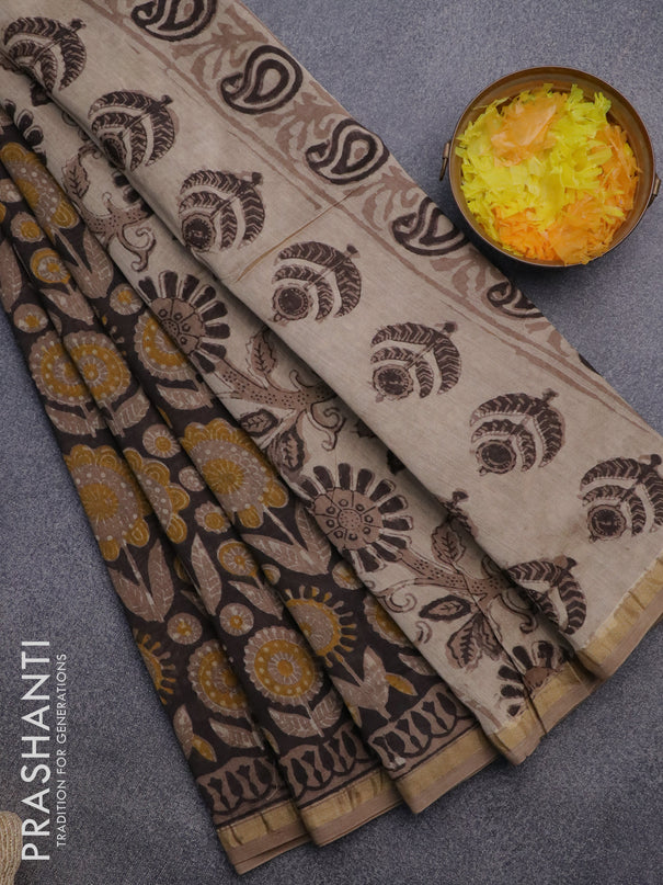 Chanderi bagru saree black and beige with allover prints and small zari woven border