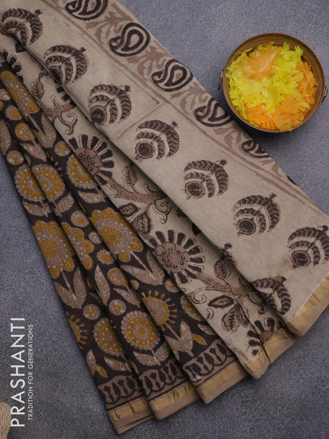 Chanderi bagru saree black and beige with allover prints and small zari woven border