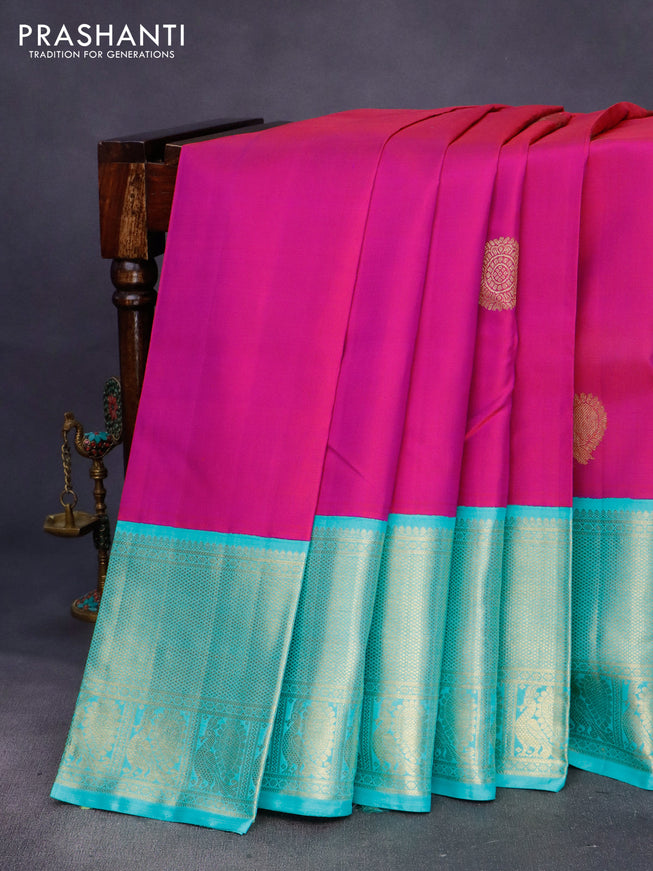 Pure kanchipuram silk saree dual shade of pink and teal blue with annam zari woven buttas and long zari woven korvai border