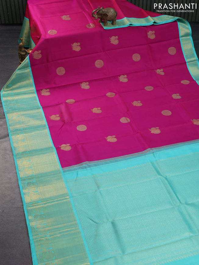 Pure kanchipuram silk saree dual shade of pink and teal blue with annam zari woven buttas and long zari woven korvai border