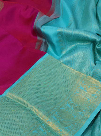 Pure kanchipuram silk saree dual shade of pink and teal blue with annam zari woven buttas and long zari woven korvai border