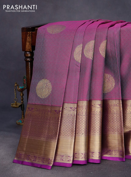 Pure kanchipuram silk saree purple and violet with allover thread weaves & zari buttas and long rich zari woven border