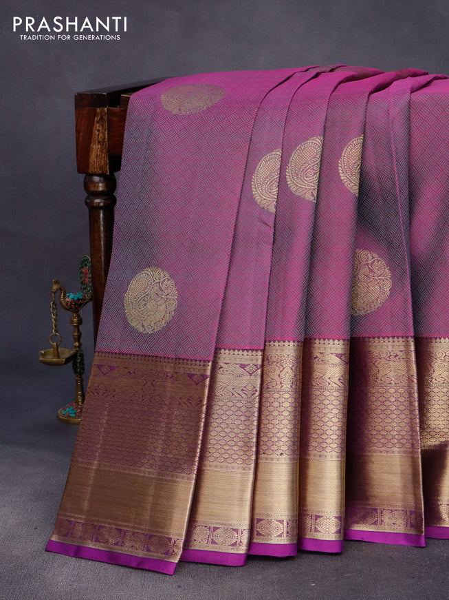 Pure kanchipuram silk saree purple and violet with allover thread weaves & zari buttas and long rich zari woven border