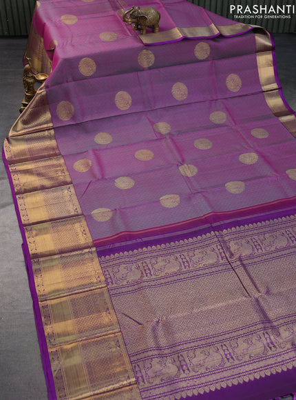 Pure kanchipuram silk saree purple and violet with allover thread weaves & zari buttas and long rich zari woven border