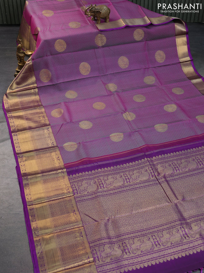 Pure kanchipuram silk saree purple and violet with allover thread weaves & zari buttas and long rich zari woven border