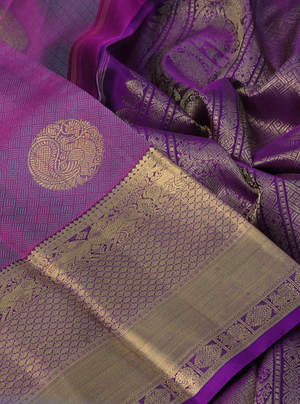 Pure kanchipuram silk saree purple and violet with allover thread weaves & zari buttas and long rich zari woven border