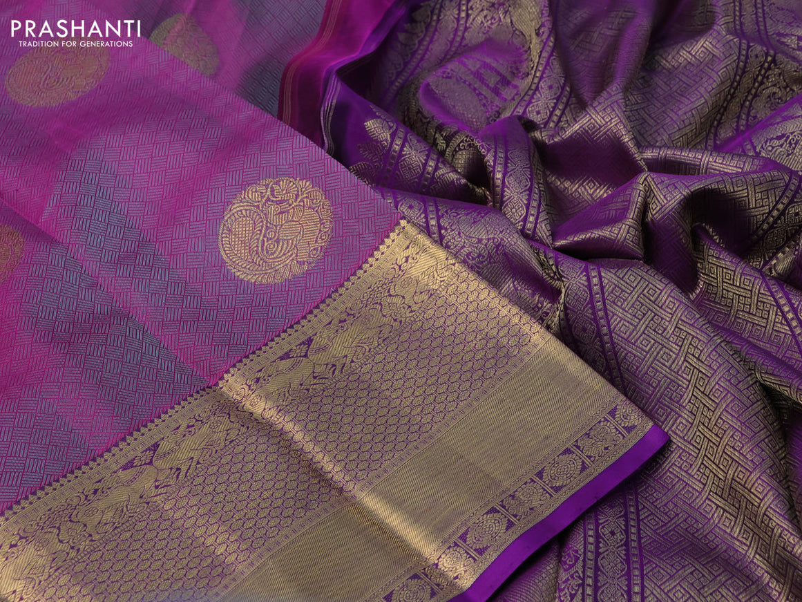 Pure kanchipuram silk saree purple and violet with allover thread weaves & zari buttas and long rich zari woven border