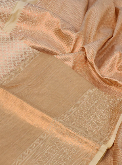 Pure kanchipuram silk saree sandal with allover copper zari woven brocade weaves and long copper zari woven border