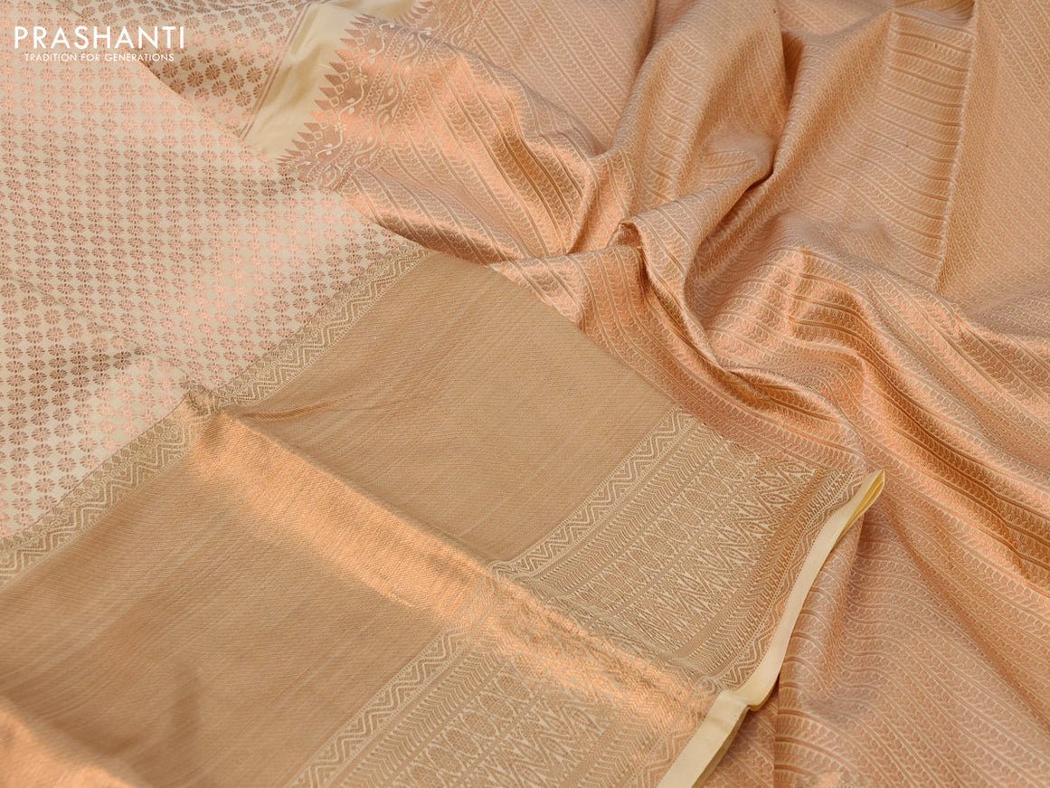 Pure kanchipuram silk saree sandal with allover copper zari woven brocade weaves and long copper zari woven border