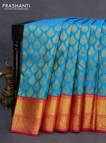 Pure kanchipuram silk saree cs blue and pink with allover zari woven buttas and annam zari woven border