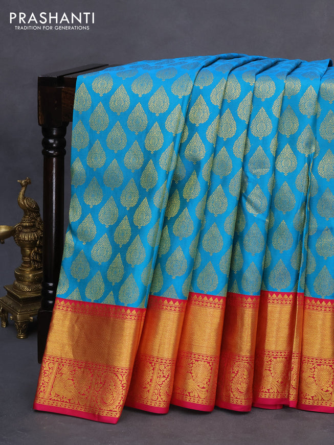 Pure kanchipuram silk saree cs blue and pink with allover zari woven buttas and annam zari woven border