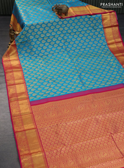 Pure kanchipuram silk saree cs blue and pink with allover zari woven buttas and annam zari woven border