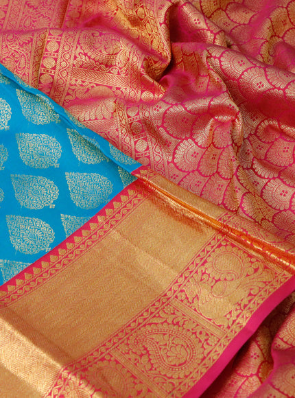 Pure kanchipuram silk saree cs blue and pink with allover zari woven buttas and annam zari woven border