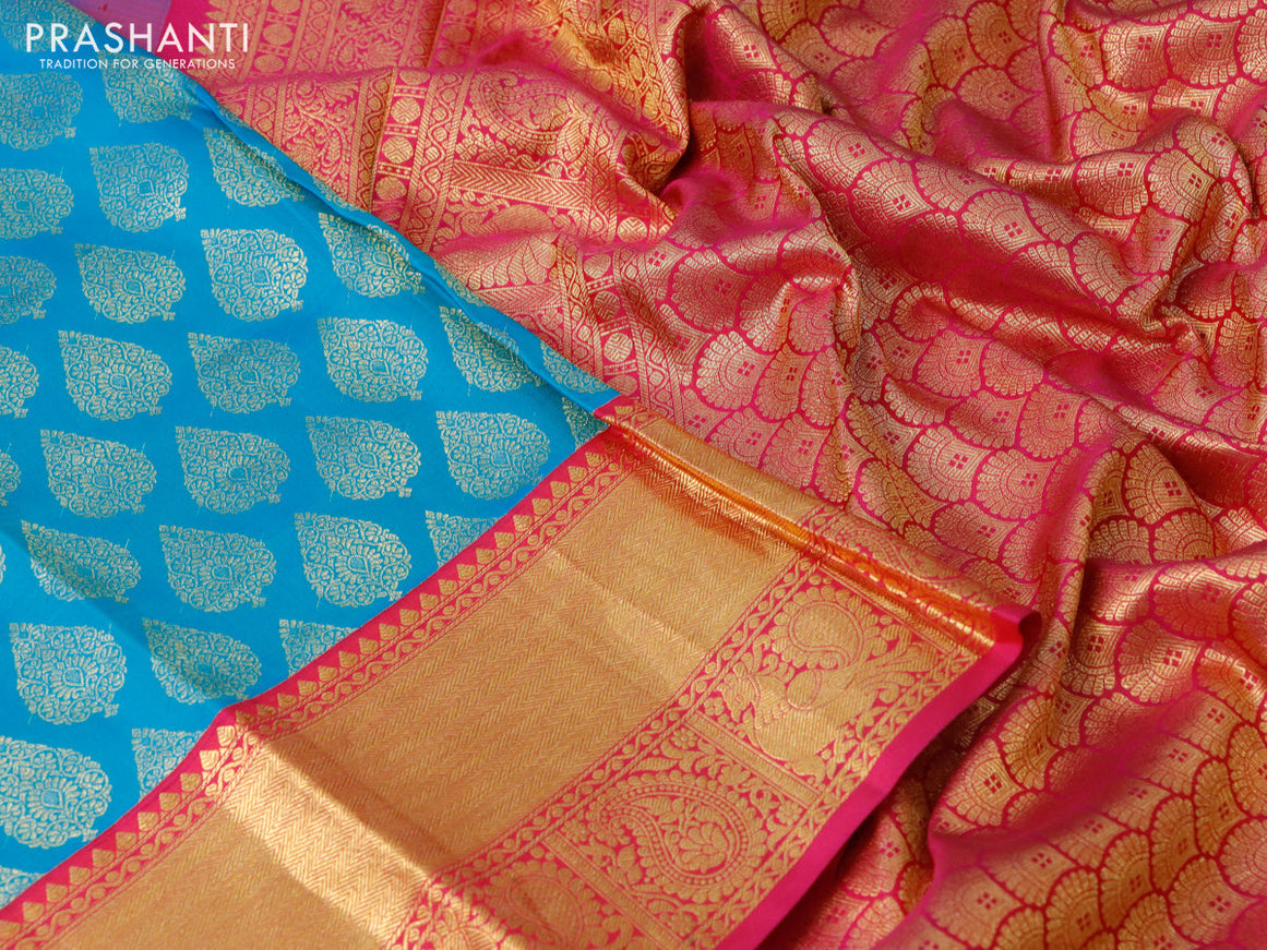 Pure kanchipuram silk saree cs blue and pink with allover zari woven buttas and annam zari woven border