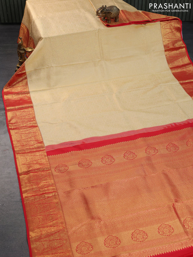 Pure kanchipuram silk saree sandal and red with allover zari woven brocade weaves and zari woven border