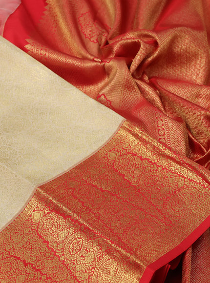 Pure kanchipuram silk saree sandal and red with allover zari woven brocade weaves and zari woven border