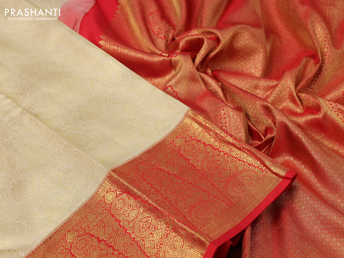 Pure kanchipuram silk saree sandal and red with allover zari woven brocade weaves and zari woven border