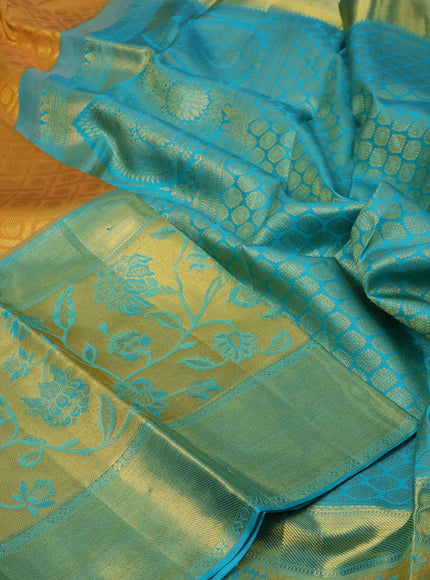 Pure kanchipuram silk saree mustard yellow and teal blue with allover zari woven brocade weaves and long zari woven border