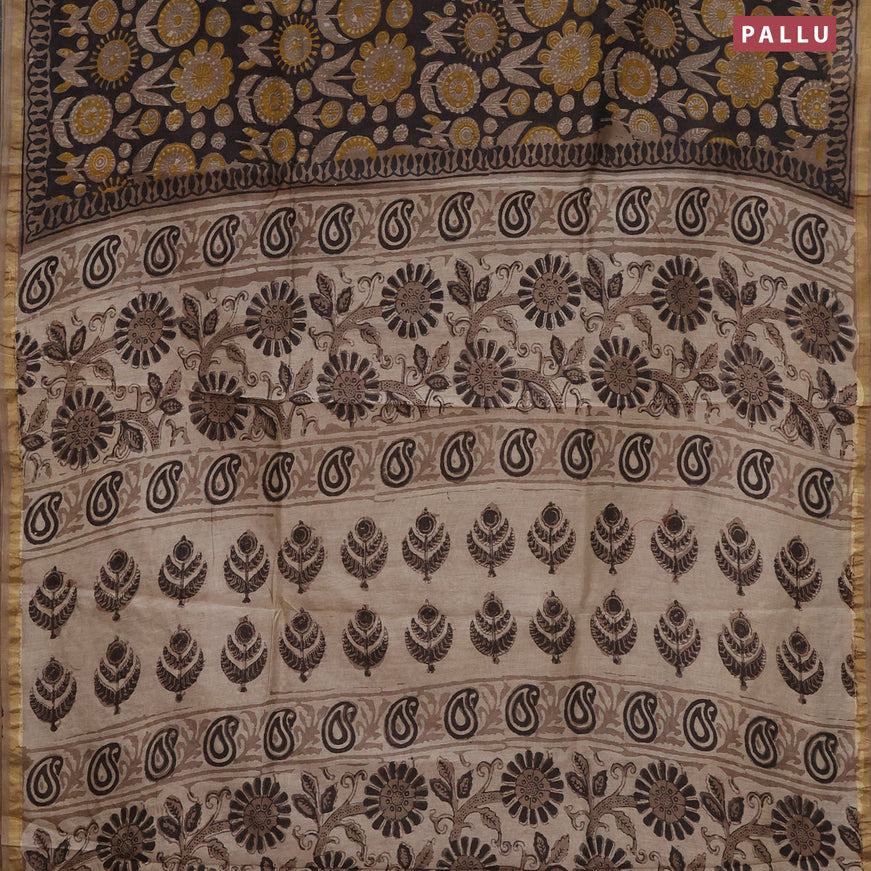 Chanderi bagru saree black and beige with allover prints and small zari woven border