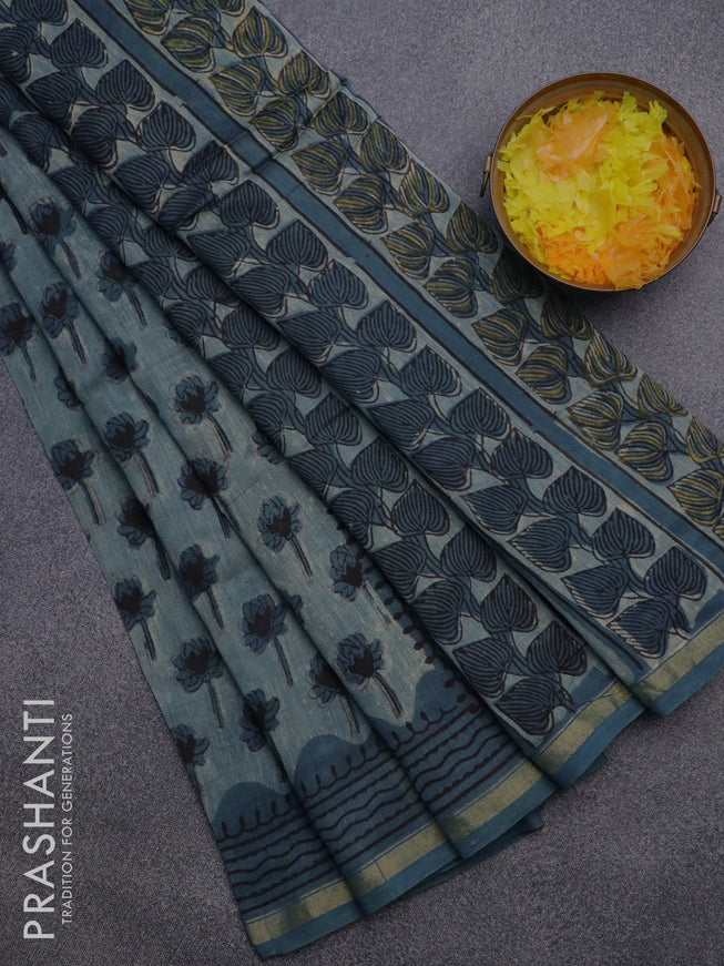 Chanderi bagru saree pastel blue and blue with allover butta prints and small zari woven border