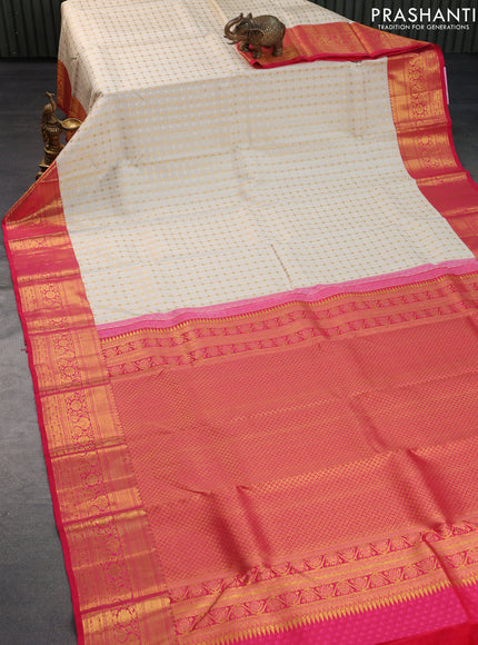 Pure kanchipuram silk saree cream and dual shade of pink with allover silver & gold zari weaves and zari woven border