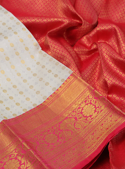 Pure kanchipuram silk saree cream and dual shade of pink with allover silver & gold zari weaves and zari woven border