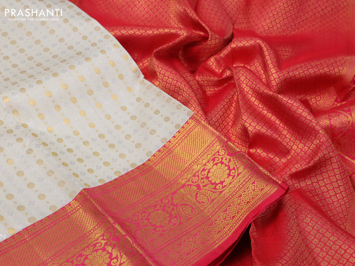 Pure kanchipuram silk saree cream and dual shade of pink with allover silver & gold zari weaves and zari woven border