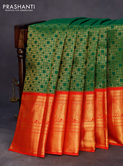 Pure kanchipuram silk saree green and red with allover zari woven brocade weaves and long zari woven border