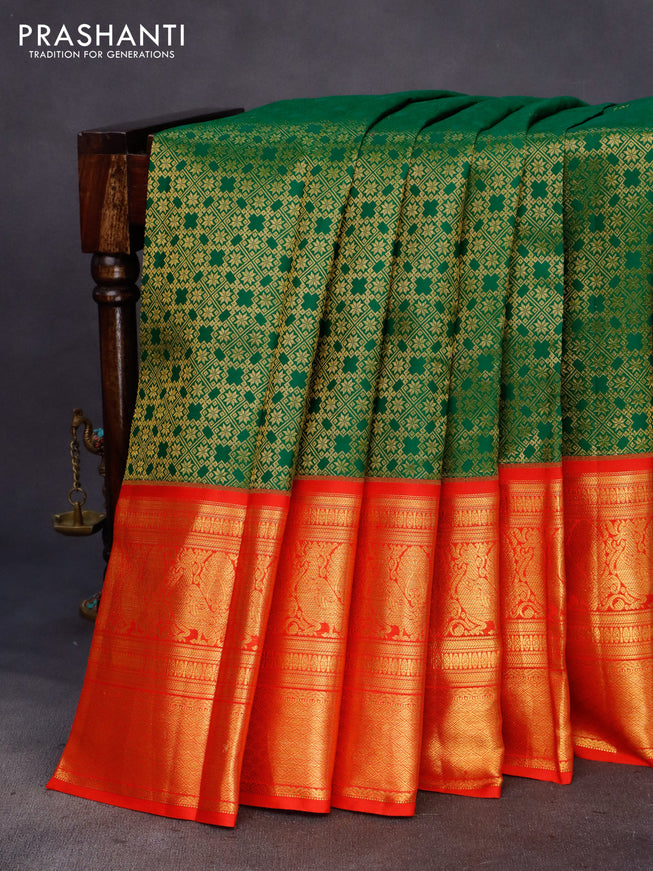 Pure kanchipuram silk saree green and red with allover zari woven brocade weaves and long zari woven border